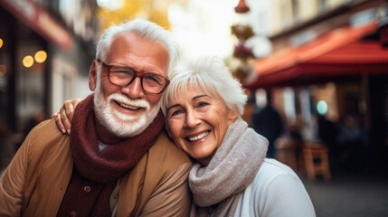 Portrait of happy senior couple in Paris, France. They are looking at camera and smiling