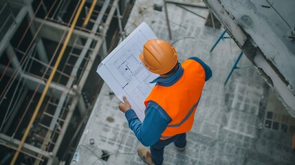 Generative AI : Smart civil architect engineer inspecting and working outdoors structure building site with blueprints. 