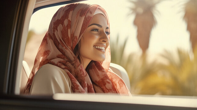 Beautiful young woman with hijab looking out the window of a car