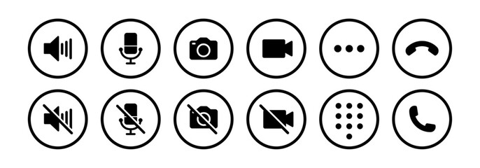 Video call icon set with microphone, video, camera, hang, pick, end call, speaker, microphone on, microphone off and dialer in line art - Vector Icon - obrazy, fototapety, plakaty