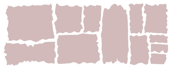Set of torn paper pieces of different shapes in pastel colors on an isolated checkered background. Cut pink gray paper collection for the text. Jagged rectangles. Stock vector illustration - obrazy, fototapety, plakaty