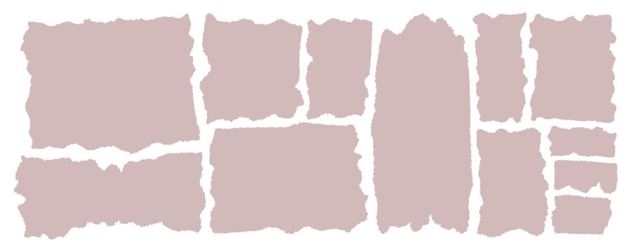 Set of torn paper pieces of different shapes in pastel colors on an isolated checkered background. Cut pink gray paper collection for the text. Jagged rectangles. Stock vector illustration