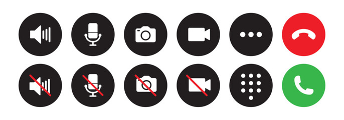 Video call icon set with microphone, video, camera, hang, pick, end call, speaker, microphone on, microphone off and dialer symbol - Vector Icon