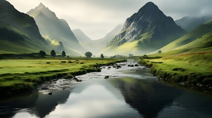 Beautiful panoramic landscape image of Glencoe in Scotland.
