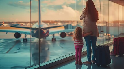 Generative AI : Reunion, travel and mother and girl at airport for vacation, global and welcome for flight