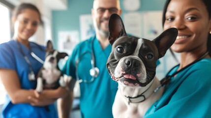 Generative AI : Adorable cute dog sitting at vet hospital with doctors looking at camera. Cheerful vet and african nurse holding boston terrier in clinic. Portrait of happy veteranian man and woman wi - obrazy, fototapety, plakaty