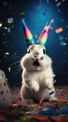 Funny rabbit with birthday hat and confetti on a dark background