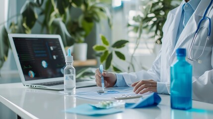 Generative AI : Workplace of veterinarian with laptop, plastic bottle, pipette, blue bandage and document in contemporary veterinary clinics