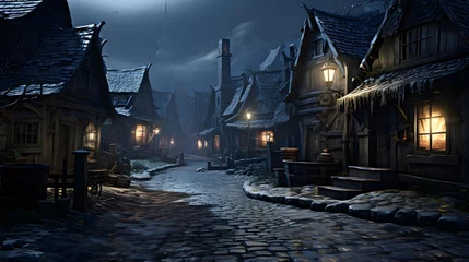 Fototapeten Fairy tale village with wooden houses at night, 3d illustration © Michelle