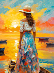 Obraz premium Oil Painting - vintage girl in sunset sea with boat Collection of designer oil paintings. Decoration for the interior. Modern abstract canvas art. Set of pictures. red dress and hat. vintage
