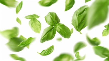 Fototapeta na wymiar Generative AI : Green basil leaves flying on white background. Fresh levitating leaves isolate