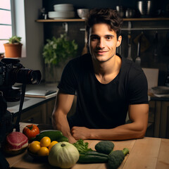 Handsome young man making a video for his blog about healthy food in a cozy, well-equipped kitchen.
