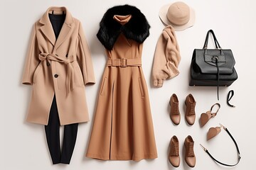 Set of women's outerwear on white background, different clothing items for autumn or winter, Generative AI