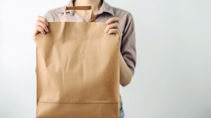 Generative AI : Close up female holds in hand brown clear empty blank craft paper bag for takeaway isolated on white background. Packaging template mock up. Delivery service concept. Copy space. Adver