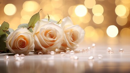 Close-up of elegant white wedding roses on soft bokeh background with copy space, banner
