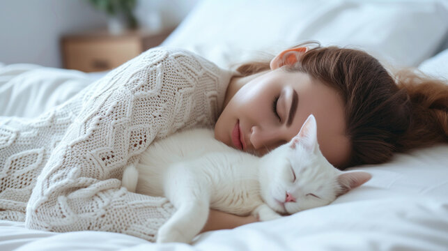 beautiful young woman sleeping on her tammy covered with quilt and white cat sleeping on her back, full body shot, white bed sheets, modern apartment background,