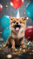 Fototapeta na wymiar Cute Pomeranian dog celebrating birthday with colorful balloons and confetti