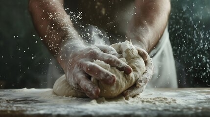 Generative AI : Man baking bread. Sprinkling some flour on dough. Hands kneading dough.