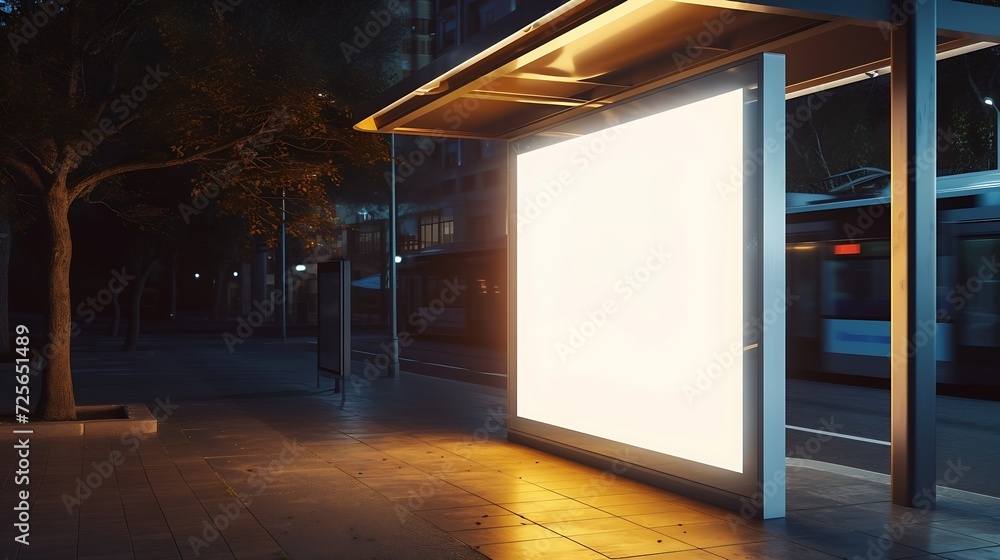 Poster Generative AI : Blank white mock up of vertical light box in a bus stop at night