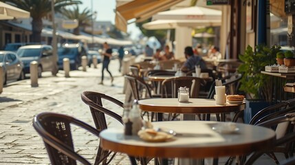 Fototapeta na wymiar Generative AI : Seaside Dining: Outdoor Restaurant with Multiple Tables and Chairs