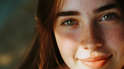 Fototapeta premium Generative AI : Portrait of beautiful naturally brunette woman, smiling and looking in camera