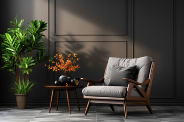 Create a haven for relaxation with a dark color single sofa chair, a delightful little plant, and a minimalist solid wall featuring a blank empty frame for your personalized touch.