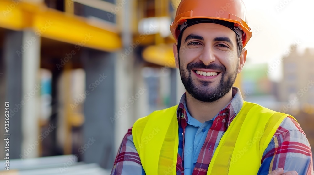 Poster generative ai : civil engineer hispanic smiling with constuction backgrounds, use for banner cover.