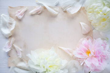 White and pink peonies, petals, vintage paper on white wooden table, space for text. Congratulatory background, wedding invitation, romantic letter.