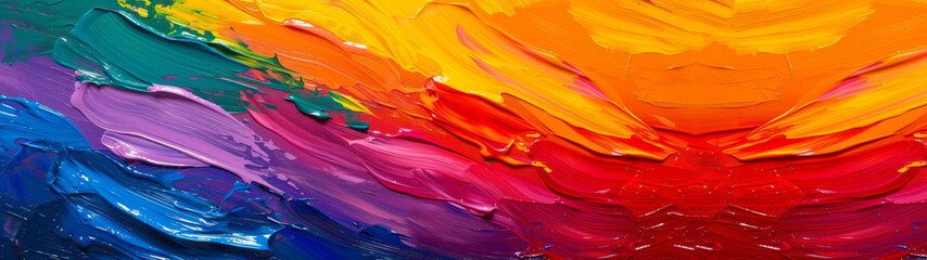 Closeup of abstract rough colorful multicolored rainbow colors art painting texture background banner long panorama, with oil acrylic brushstroke, pallet knife paint on canvas wallpaper