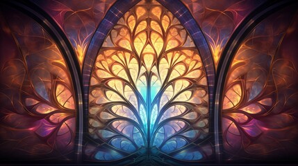 A colorful stained glass window with a orange and blue mandala abstract background