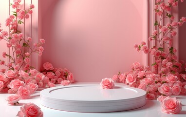 Empty podium with pink rose flowers on pink background to display products, gift or cosmetics.