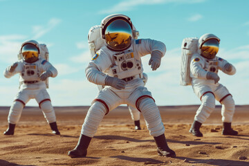 Fototapeta premium Astronauts in spacesuits dance. International Day of Human Space Flight.