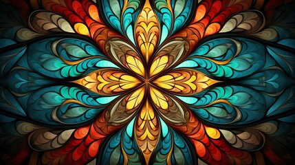 A colorful stained glass window with a orange and blue mandala abstract background