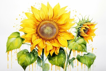 A bright yellow sunflower with green leaves stands out against a clean white background