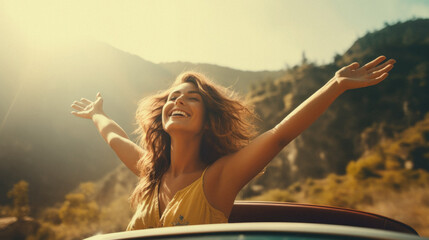 Happy young woman with arms outstretched standing in cabriolet car - Powered by Adobe