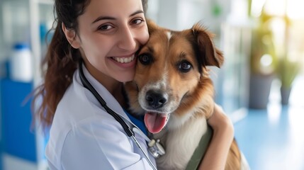Generative AI : Portrait of smiling young veterinarian hugging dog and looking at camera in vet clinic