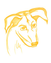 Stylized head of a cute half-breed dog. A cartoon graphic isolated image in one-line art. A cozy gentle illustration with a friendly pet for a pet store or animal shelter. Portrait with yellow lines.