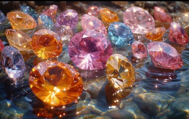 Close up of fancy colour diamonds on a light water background.