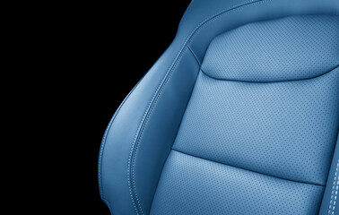 Car blue leather interior. Part of orange leather car seat details with white stitching. Interior of prestige car. Perforated leather seats isolated. Perforated leather.