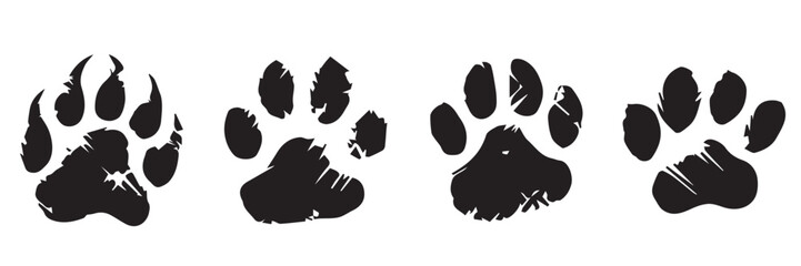 solid black shape silhouette of an animal paw print. A cat, a bear. Paw prints of predators in the grunge style