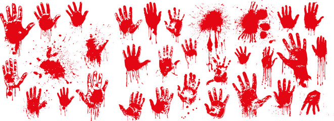 Red Bloody Handprints Collection on White Background. Horrifying set of red handprints and splatters, symbolizing crime or horror themes, isolated on white.