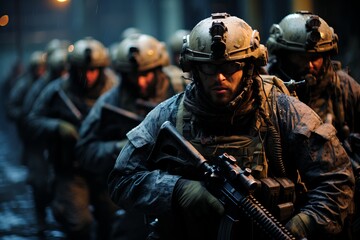 special forces soldier polices group with high technology gun and weapon working in night city - obrazy, fototapety, plakaty