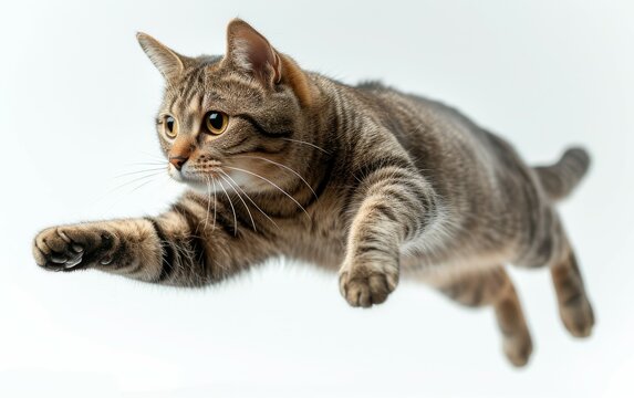 A jumping cat isolated on white background.