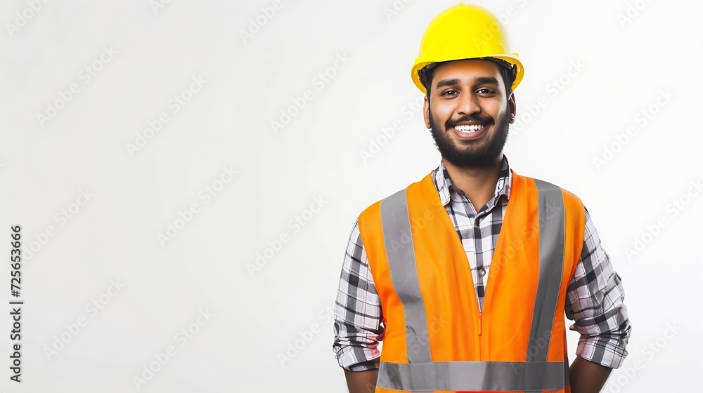 Poster generative ai : construction worker, engineer and studio portrait of happy man in vest and helmet fo