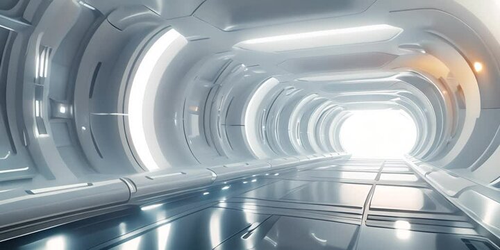 White spaceship corridor with round hatches. The concept of space travel and technology.