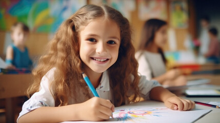 Portrait of cute little girl drawing with colorful pencils in classroom