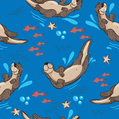cute pattern with otters. Hand-drawn background for textiles, factories, children's clothing and more
