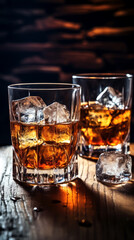 Two glasses of whiskey, each filled with a rich, golden liquid and adorned with ice cubes, the glasses rest on a rustic wooden surface, creating an inviting and warm ambiance