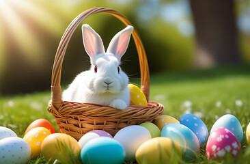 A white rabbit sits in a wicker basket next to which colorful Easter eggs are scattered. Background for a postcard. Egg hunt during Easter celebration.
