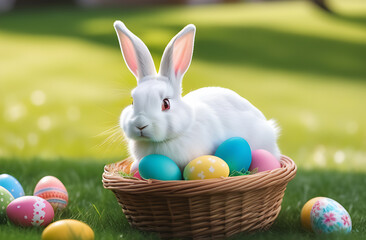 A white rabbit sits in a wicker basket next to which colorful Easter eggs are scattered. Background for a postcard. Egg hunt during Easter celebration.